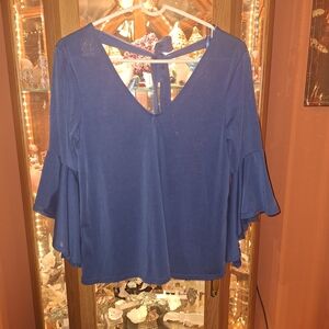 Women’s Blue V-Neck Bell Sleeve Top with Back Tie